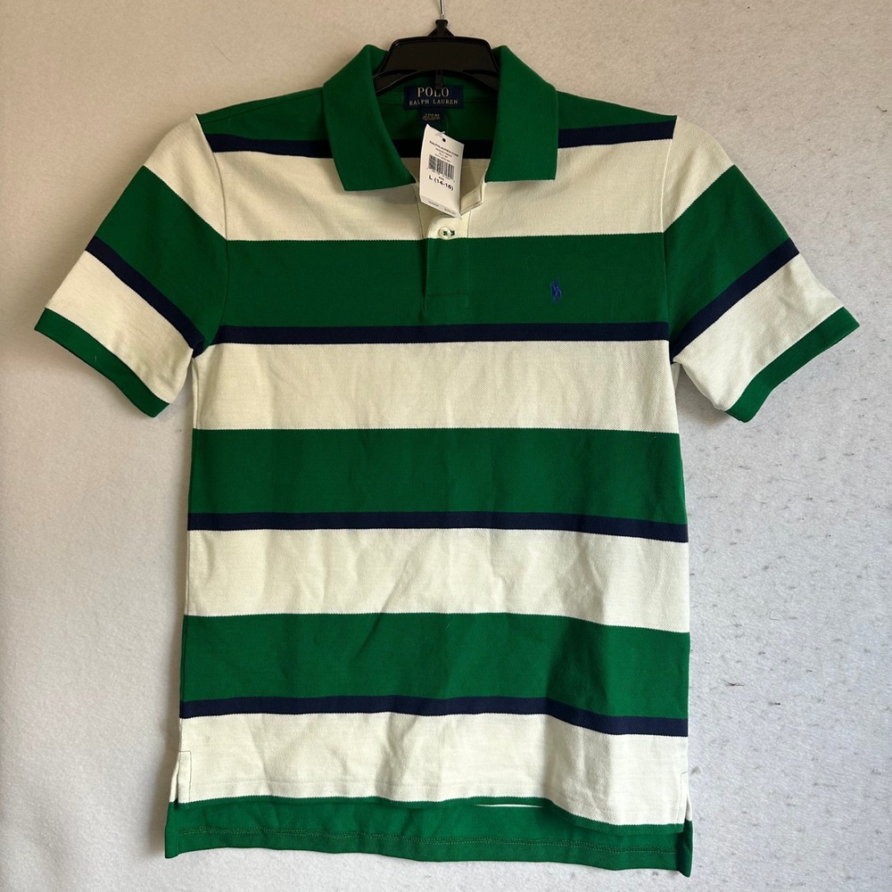 Polo Ralph Lauren Boys Green White Striped Cotton Polo Shirt Size L 14-16 NWT